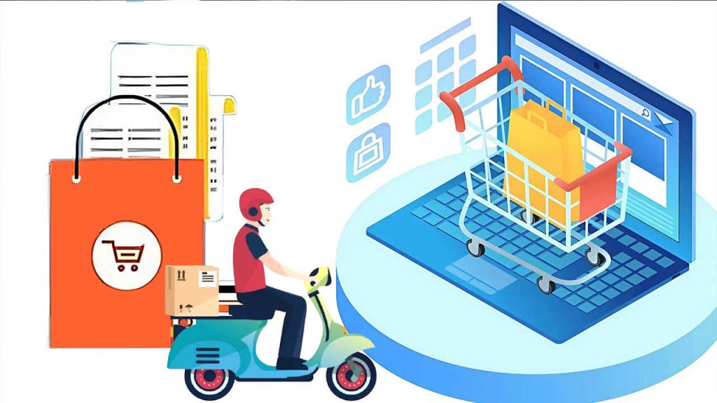 پیک موتوری در حال حرکت به سمت یک لپ تاپ-لجستیک در فروشگاه اینترنتی