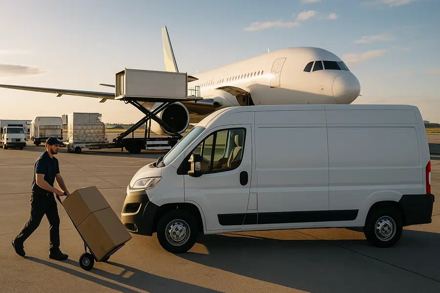 یک ماشین و هواپیما و فردی در حال ارسال-ارسال بسته به خارج