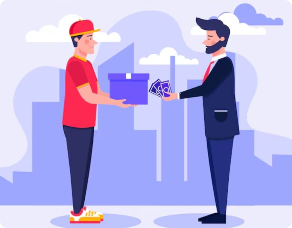 دو نفر در حال دریافت بسته و تحویل پول-پرداخت در محل ارسال بسته با پست