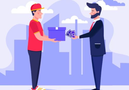 دو نفر در حال دریافت بسته و تحویل پول-پرداخت در محل ارسال بسته با پست